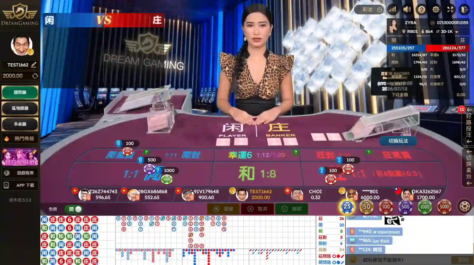 DG百家樂真人桌台與莊閒投注介面
