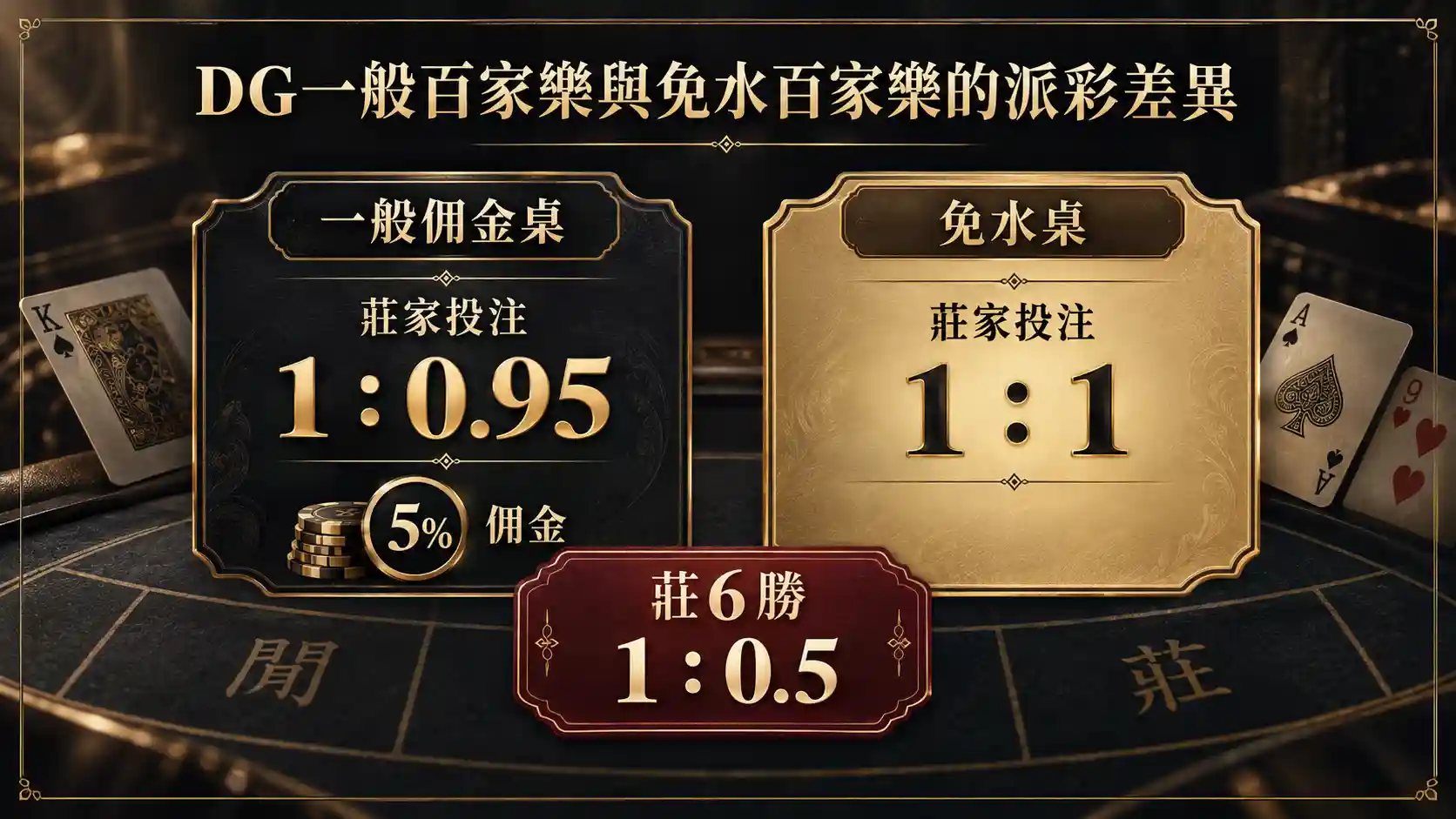DG一般百家樂與免水百家樂莊家派彩及莊6半賠比較